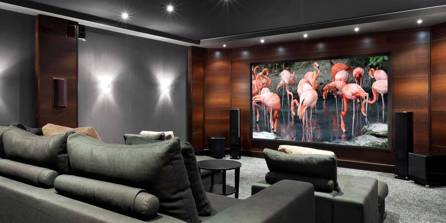 A luxurious home theater displaying an animal documentary on the projector screen.
