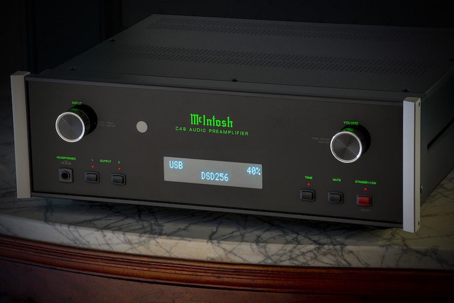 Closeup of a McIntosh home theater receiver.
