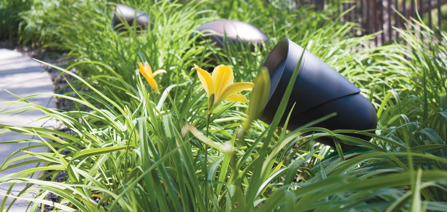 A close-up of a Sonance outdoor speaker blending into the landscape.